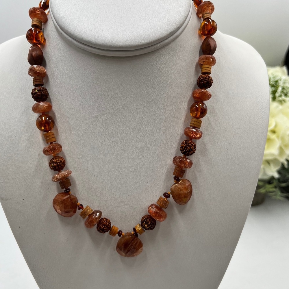 Handmade Sunstone Rudraksha Amber Mala Mixed Gemstone Crystal Sterling‎ Necklace
